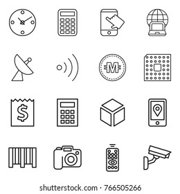 Thin line icon set : clock, calculator, touch, notebook globe, satellite antenna, wireless, crypto currency, cpu, receipt, 3d, mobile location, bar code, camera, remote control, surveillance