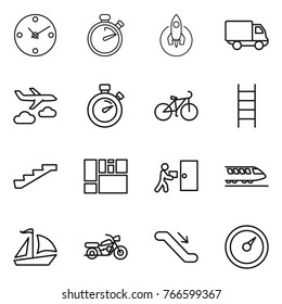 Thin line icon set : clock, stopwatch, rocket, delivery, journey, bike, stairs, consolidated cargo, courier, train, sail boat, motorcycle, escalator, barometer