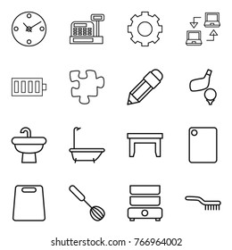 Thin line icon set : clock, cashbox, gear, notebook connect, battery, puzzle, pencil, golf, sink, bath, table, cutting board, whisk, double boiler, brush