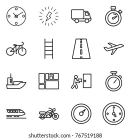 Thin line icon set : clock, lightning, delivery, stopwatch, bike, stairs, road, plane, sea shipping, consolidated cargo, courier, train, motorcycle, barometer, watch