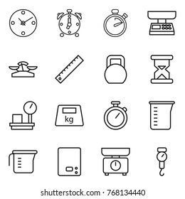 Thin line icon set : clock, alarm, stopwatch, market scales, ruler, heavy, sand, warehouse, measuring cup, kitchen, handle