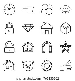 Thin line icon set : clock, delivery, atom core, ufo, lock, diamond, home, 3d, unlock, house, arch, starfish, pig, sun, hand drop