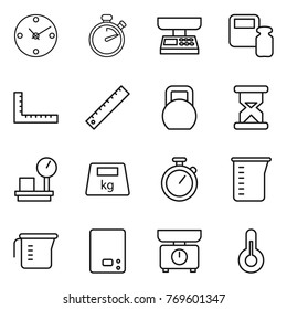 Thin line icon set : clock, stopwatch, market scales, weight, ruler, heavy, sand, warehouse, measuring cup, kitchen, thermometer