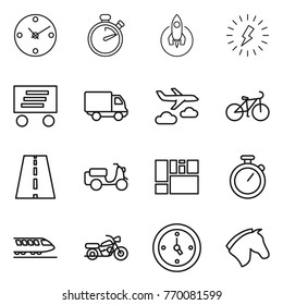 Thin line icon set : clock, stopwatch, rocket, lightning, delivery, journey, bike, road, scooter shipping, consolidated cargo, train, motorcycle, watch, horse