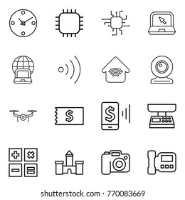 Thin line icon set : clock, chip, notebook, globe, wireless, home, web cam, drone, receipt, mobile pay, market scales, calculator, castle, camera, intercome