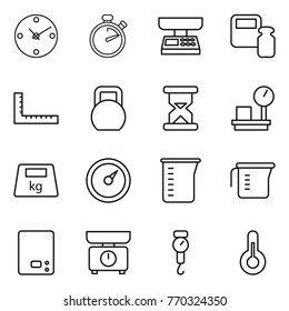 Thin line icon set : clock, stopwatch, market scales, weight, ruler, heavy, sand, warehouse, barometer, measuring cup, kitchen, handle, thermometer