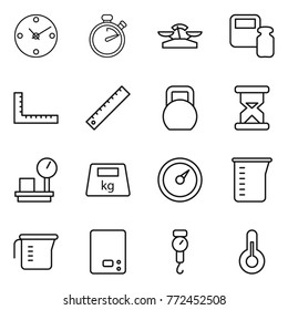 Thin line icon set : clock, stopwatch, scales, weight, ruler, heavy, sand, warehouse, barometer, measuring cup, kitchen, handle, thermometer