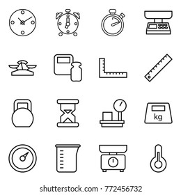 Thin line icon set : clock, alarm, stopwatch, market scales, weight, ruler, heavy, sand, warehouse, barometer, measuring cup, kitchen, thermometer