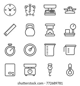 Thin line icon set : clock, alarm, market scales, ruler, heavy, sand, warehouse, stopwatch, barometer, measuring cup, kitchen, handle, thermometer