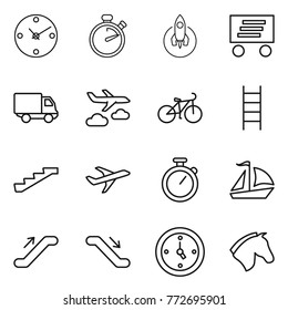 Thin line icon set : clock, stopwatch, rocket, delivery, journey, bike, stairs, plane, sail boat, escalator, watch, horse