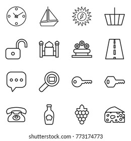 Thin line icon set : clock, boat, sun power, basket, unlock, minaret, flower bed, road, sms, cargo search, key, phone, ketchup, grape, cheese