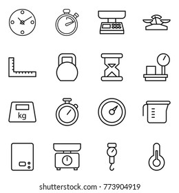Thin line icon set : clock, stopwatch, market scales, ruler, heavy, sand, warehouse, barometer, measuring cup, kitchen, handle, thermometer