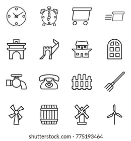 Thin line icon set : clock, alarm, delivery, arch, greate wall, japanese house, window, water tap, phone, fence, fork, windmill, barrel