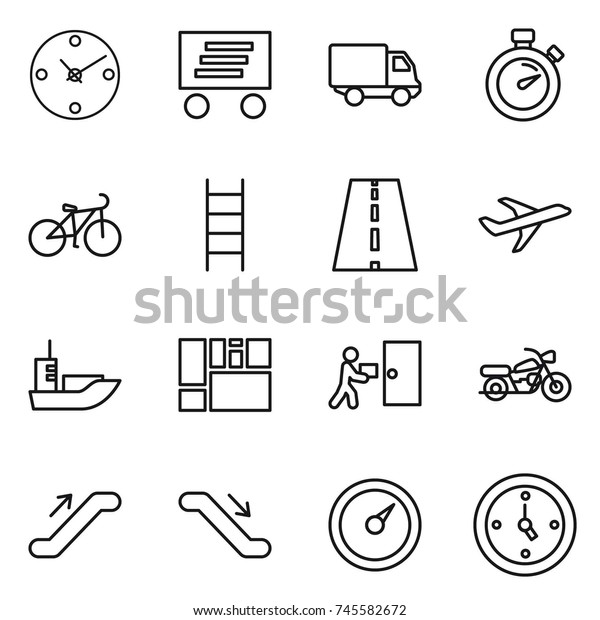 thin line icon set : clock,\
delivery, stopwatch, bike, stairs, road, plane, sea shipping,\
consolidated cargo, courier, motorcycle, escalator, barometer,\
watch