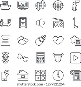 Thin Line Icon Set - clouds vector, speaking man, pennant, document, broken bone, traffic light, mobile tracking, route, radio, speaker, favorites list, heart, play button, rca, clock, data exchange