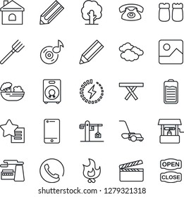 Thin Line Icon Set - clouds vector, factory, pencil, farm fork, tree, lawn mower, fire, house, well, picnic table, clapboard, cell phone, speaker, favorites list, battery, gallery, music, charge