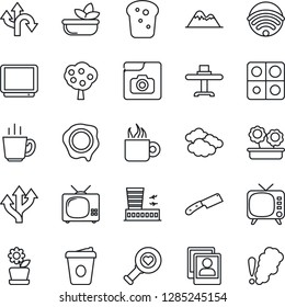 Thin Line Icon Set - clouds vector, airport building, coffee, stamp, heart diagnostic, route, tv, photo gallery, application, fruit tree, mountains, wireless, flower in pot, restaurant table, salad