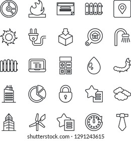 Thin Line Icon Set - clouds vector, lock, calculator, notebook pc, circle chart, fence, water drop, sun, caterpillar, package, flammable, favorites list, place tag, office building, pie graph, clock
