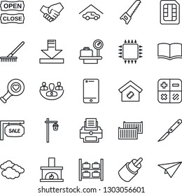Thin Line Icon Set - clouds vector, luggage storage, scales, book, calculator, rake, saw, garden light, heart diagnostic, scalpel, cargo container, cell phone, rca, sim, download, company, printer