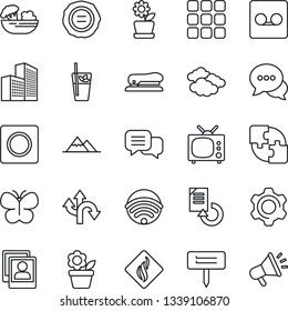 Thin Line Icon Set - clouds vector, document reload, stamp, flower in pot, butterfly, plant label, route, dialog, menu, settings, record, photo gallery, application, office building, stapler, tv
