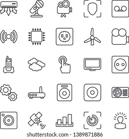 Thin Line Icon Set - clouds vector, office phone, sorting, microphone, satellite, video camera, touch screen, monitor, speaker, rec button, mobile, record, face id, eye, windmill, air conditioner