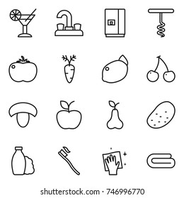 thin line icon set : cocktail, water tap, fridge, corkscrew, tomato, carrot, lemon, cherry, mushroom, apple, pear, potato, shampoo, tooth brush, wiping, towel
