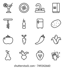 thin line icon set : cocktail, cooler fan, water tap, fridge, corkscrew, vegetable oil, potato, tomato, carrot, hot pepper, corn, pear, beet, strawberry, wiping