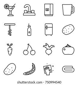 thin line icon set : cocktail, water tap, fridge, cup, corkscrew, vegetable oil, potato, carrot, cherry, beet, tomato, peas, wiping, towel