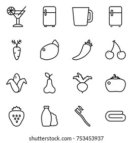 thin line icon set : cocktail, fridge, cup, carrot, lemon, hot pepper, cherry, corn, pear, beet, tomato, strawberry, shampoo, tooth brush, towel