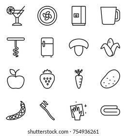 thin line icon set : cocktail, cooler fan, fridge, cup, corkscrew, mushroom, corn, apple, strawberry, carrot, potato, peas, tooth brush, wiping, towel