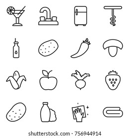 Thin line icon set : cocktail, water tap, fridge, corkscrew, vegetable oil, potato, hot pepper, mushroom, corn, apple, beet, strawberry, shampoo, wiping, towel