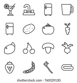 Thin line icon set : cocktail, water tap, fridge, cup, potato, tomato, carrot, lemon, cherry, mushroom, beet, strawberry, peas, tooth brush, towel