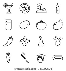 Thin line icon set : cocktail, cooler fan, water tap, vegetable oil, fridge, potato, tomato, lemon, hot pepper, corn, pear, beet, carrot, tooth brush, wiping, towel