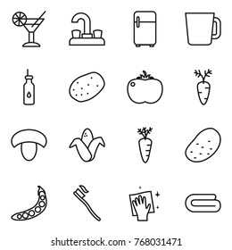 Thin line icon set : cocktail, water tap, fridge, cup, vegetable oil, potato, tomato, carrot, mushroom, corn, peas, tooth brush, wiping, towel