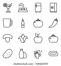 Thin line icon set : cocktail, water tap, fridge, cup, vegetable oil, tomato, hot pepper, mushroom, corn, apple, potato, shampoo, wiping, towel