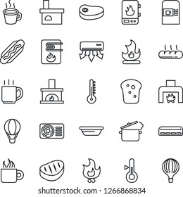 Thin Line Icon Set - coffee machine vector, fire, fireplace, air conditioner, bread, steak, hot dog, bowl, steaming pan, water heater, thermometer, balloon