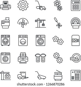 Thin Line Icon Set - coffee machine vector, washer, fork loader, gear, ripper, lawn mower, tomography, printer, copier, crane, water filter, combination lock