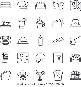 Thin Line Icon Set - coffee vector, alcohol, cook hat, wine card, reserved, reception, cocktail, phyto bar, plates, waiter, salt and pepper, bread, cafe building, candle, vip zone, dress code, knife