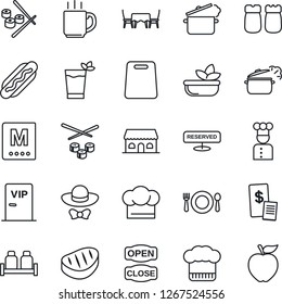 Thin Line Icon Set - coffee vector, cook, cafe, hat, menu, reserved, phyto bar, salad, salt and pepper, building, table, vip zone, dress code, open close, restaurant receipt, steak, hot dog, sushi