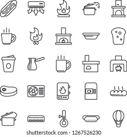 Thin Line Icon Set - coffee machine vector, fire, fireplace, air conditioner, bread, steak, hot dog, bowl, steaming pan, turkish, water heater, thermometer, balloon