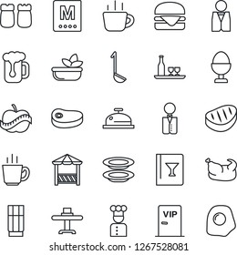 Thin Line Icon Set - coffee vector, diet, waiter, cook, alcohol, restaurant table, wine card, menu, reception, drink, beer, salad, plates, egg stand, salt and pepper, vip zone, alcove, chicken