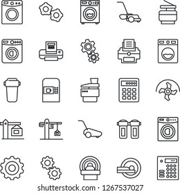 Thin Line Icon Set - coffee machine vector, washer, gear, ripper, lawn mower, tomography, printer, copier, crane, water filter, combination lock