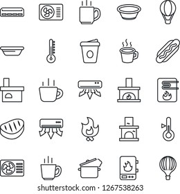 Thin Line Icon Set - coffee vector, fire, fireplace, air conditioner, steak, hot dog, bowl, steaming pan, water heater, thermometer, balloon