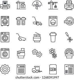 Thin Line Icon Set - coffee machine vector, washer, fork loader, gear, ripper, lawn mower, tomography, printer, copier, crane, water filter, combination lock