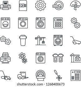 Thin Line Icon Set - coffee machine vector, washer, fork loader, gear, ripper, lawn mower, tomography, printer, crane, water filter, combination lock