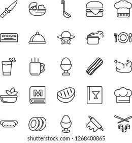 Thin Line Icon Set - coffee vector, dish, cafe, cook hat, wine card, menu, reserved, phyto bar, salad, plates, bacon, egg stand, dress code, chicken, steak, hamburger, hot dog, ladle, rolling pin