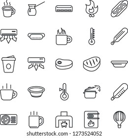 Thin Line Icon Set - coffee vector, fire, thermometer, fireplace, air conditioner, steak, hot dog, bowl, steaming pan, turkish, water heater, balloon
