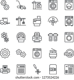Thin Line Icon Set - coffee machine vector, washer, fork loader, gear, ripper, lawn mower, tomography, printer, copier, crane, water filter, combination lock