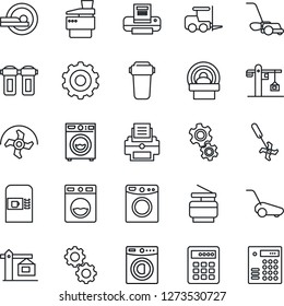 Thin Line Icon Set - coffee machine vector, fork loader, gear, ripper, lawn mower, tomography, printer, copier, washer, crane, water filter, combination lock