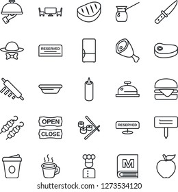 Thin Line Icon Set - coffee vector, plant label, fridge, cook, menu, reserved, reception, waiter, candle, cafe table, dress code, open close, steak, kebab, ham, hamburger, bowl, rolling pin, knife